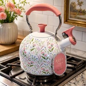 Aqua Floral Print Stainless Steel Whistling Tea Kettle Pink Handle 2.64 Quart